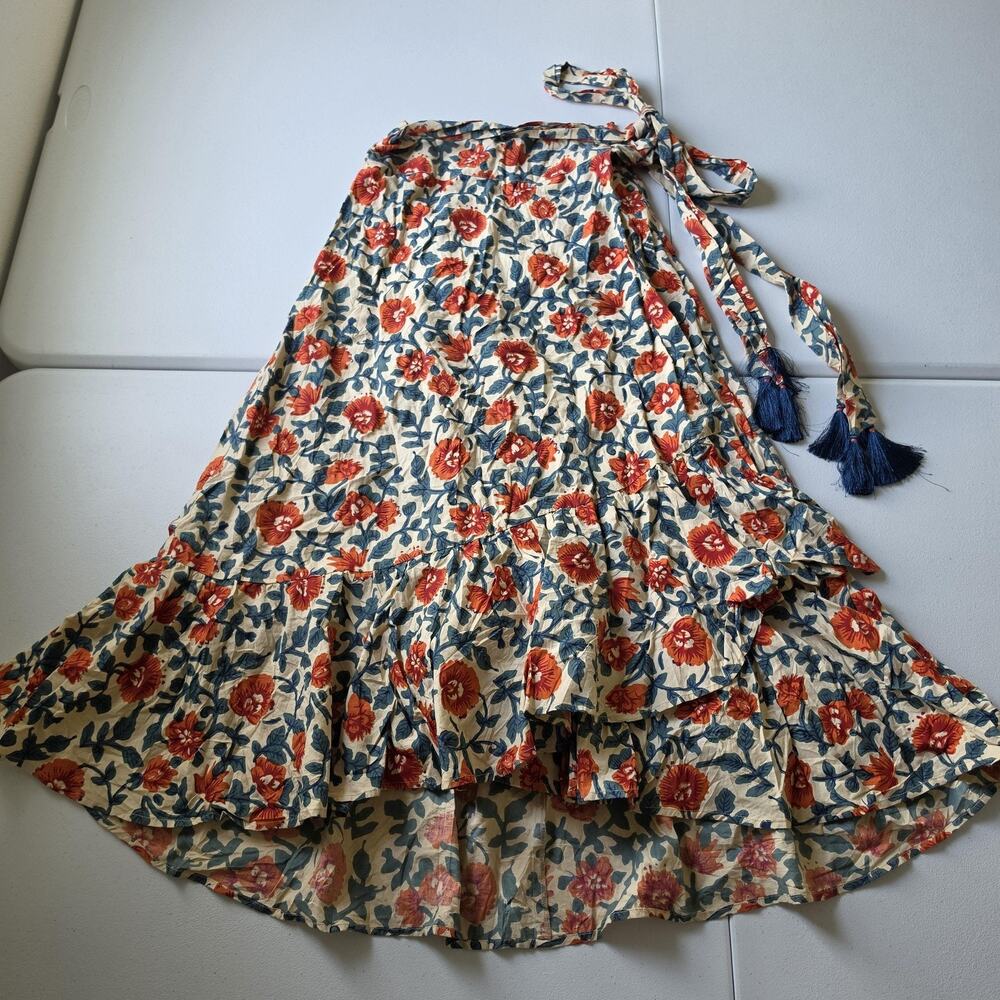 Roller Rabbit Skirt Womens XS Multicolor Floral Wrap Ruffle Tassel Boho Midi